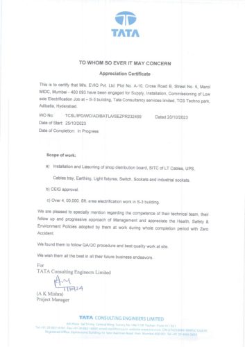 TATA Appreciation Certificate